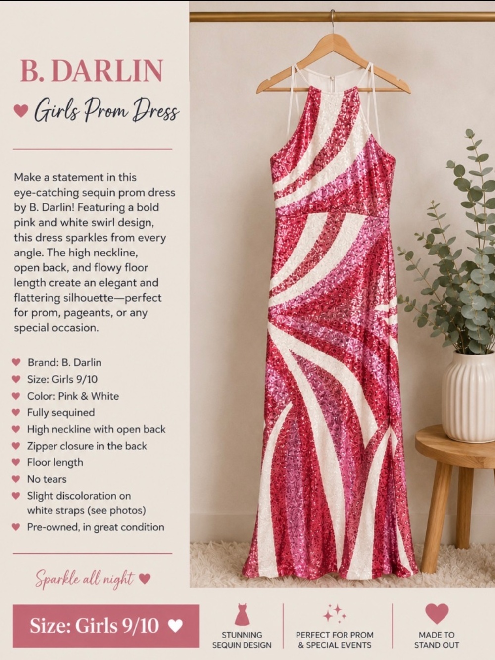 B. Darlin Pink & White Sequin Prom Dress – Girls Size 9/10